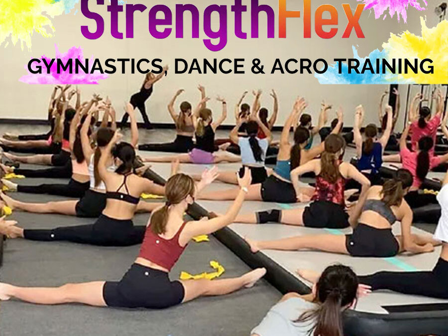 Young ladies stretching on the floor with StrengthFlex Logo on top.