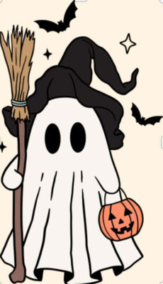 Cute cartoon ghost holding a witches broom, wearing a witches black hat and holding a pumpkin.