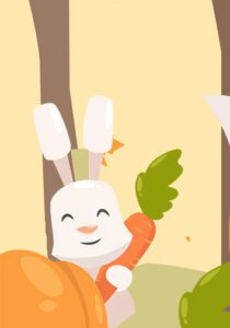 Cartoon rabbit hold a carrot behind a pumpkin.