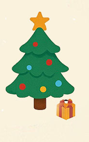 Cartoon of Christmas and a present under the tree.