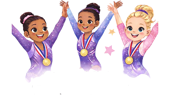 Characters of three little girls in gymnastic leotards.