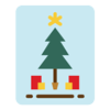 Cartoon Christmas tree icon with presents under the tree.