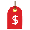 Red price tag with dollar sign on it.